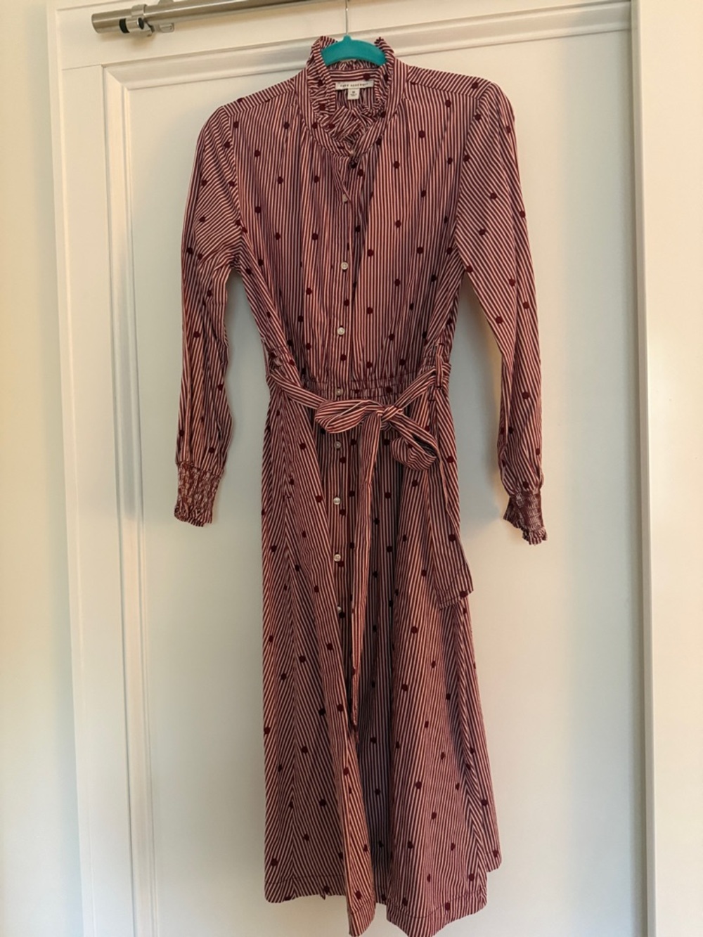 Button-Front Deep Red Stripe Dress with Ruffle Collar